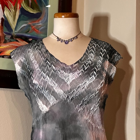 Komarov Dress & Eileen Fischer Silk Jacket Set - 50 Shades of Gray/ Blue/ Pink - Picture 3 of 14